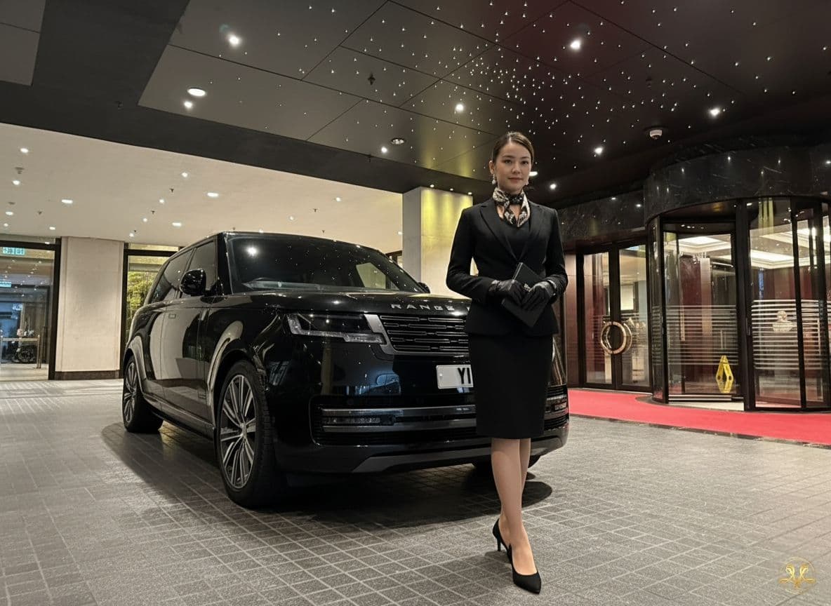 Lady standing beside a luxury SUV in front of a London hotel, ready to chauffeur VIP clients to the Silverstone Formula One race in comfort and style.