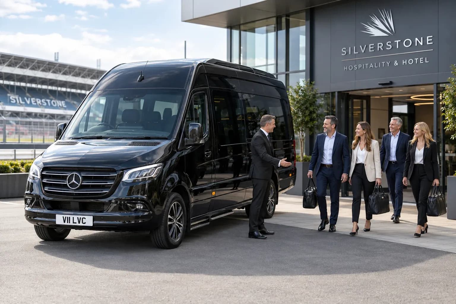 Chauffeur welcoming corporate hospitality guests beside an executive Mercedes-Benz Sprinter.
