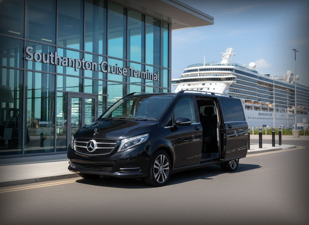 Luxury chauffeur Mercedes-Benz arriving at Southampton Cruise Terminal with passengers being dropped off at correct cruise check-in entrance