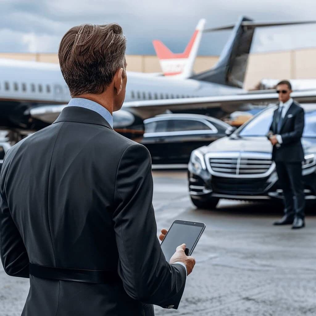 Professional chauffeur holding a tablet for meet and greet airport transfer service outside Stansted Airport next to a luxury executive vehicle