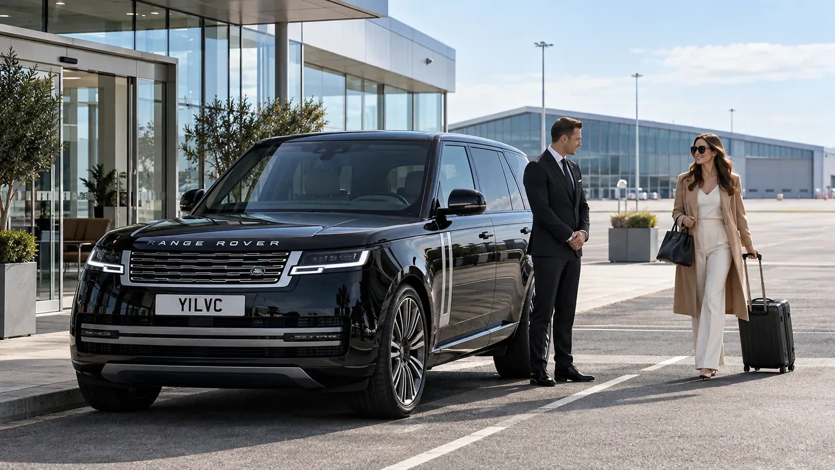 Illustration of a chauffeur welcoming a private aviation passenger beside a Range Rover at a terminal.