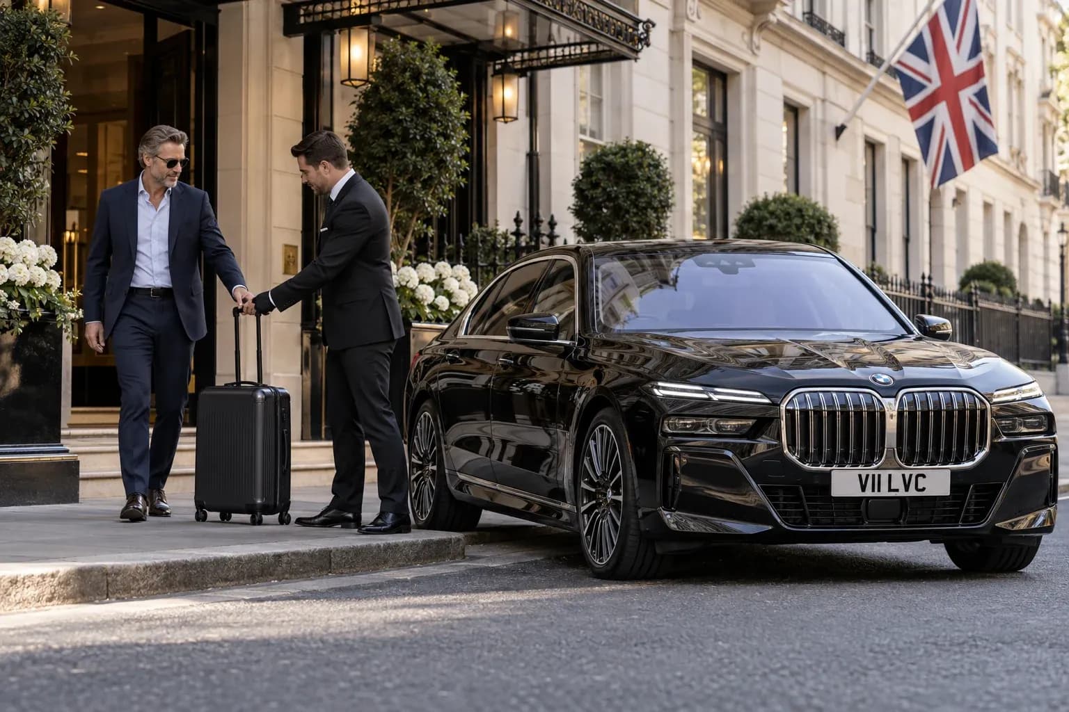 Chauffeur assisting a traveller with luggage beside a BMW 7 Series outside a London hotel.
