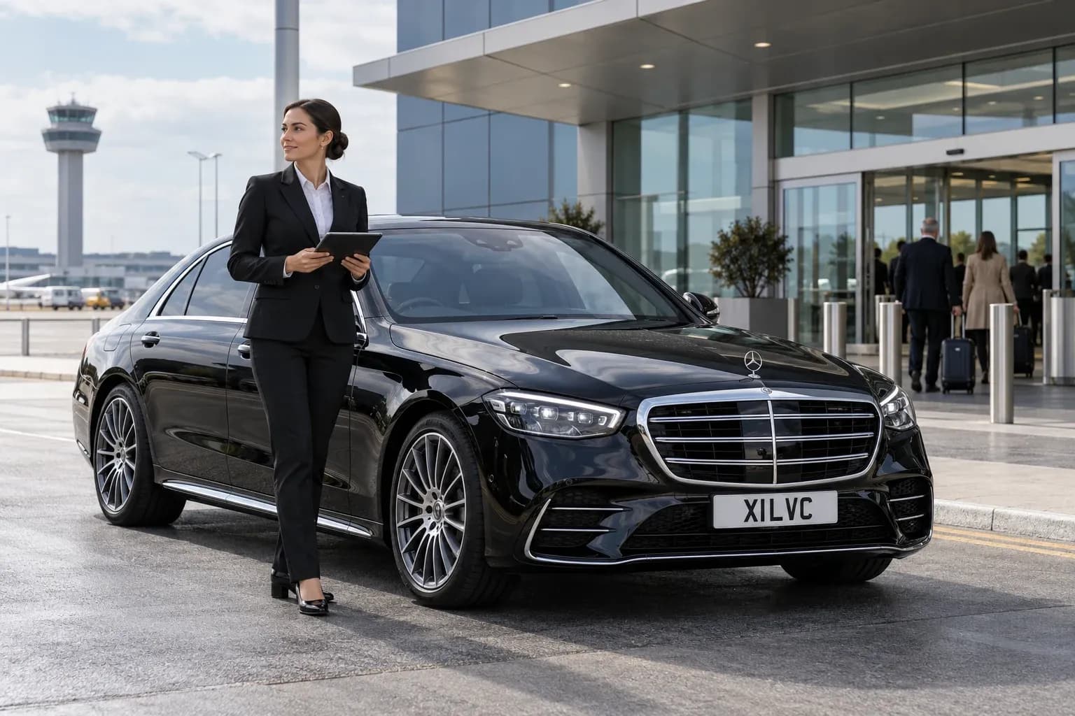 Illustration of a female chauffeur and Mercedes-Benz S-Class awaiting a passenger at a private aviation terminal.