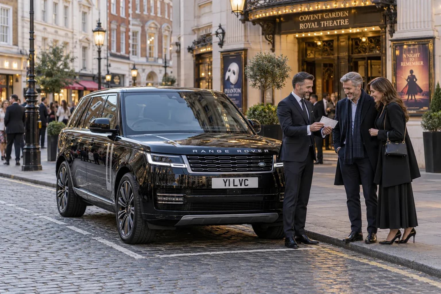 Chauffeur reviewing theatre tickets with guests beside a Range Rover.
