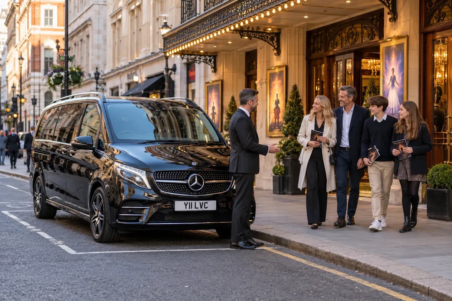 Chauffeur welcoming a family beside a Mercedes-Benz V-Class for a theatre outing.
