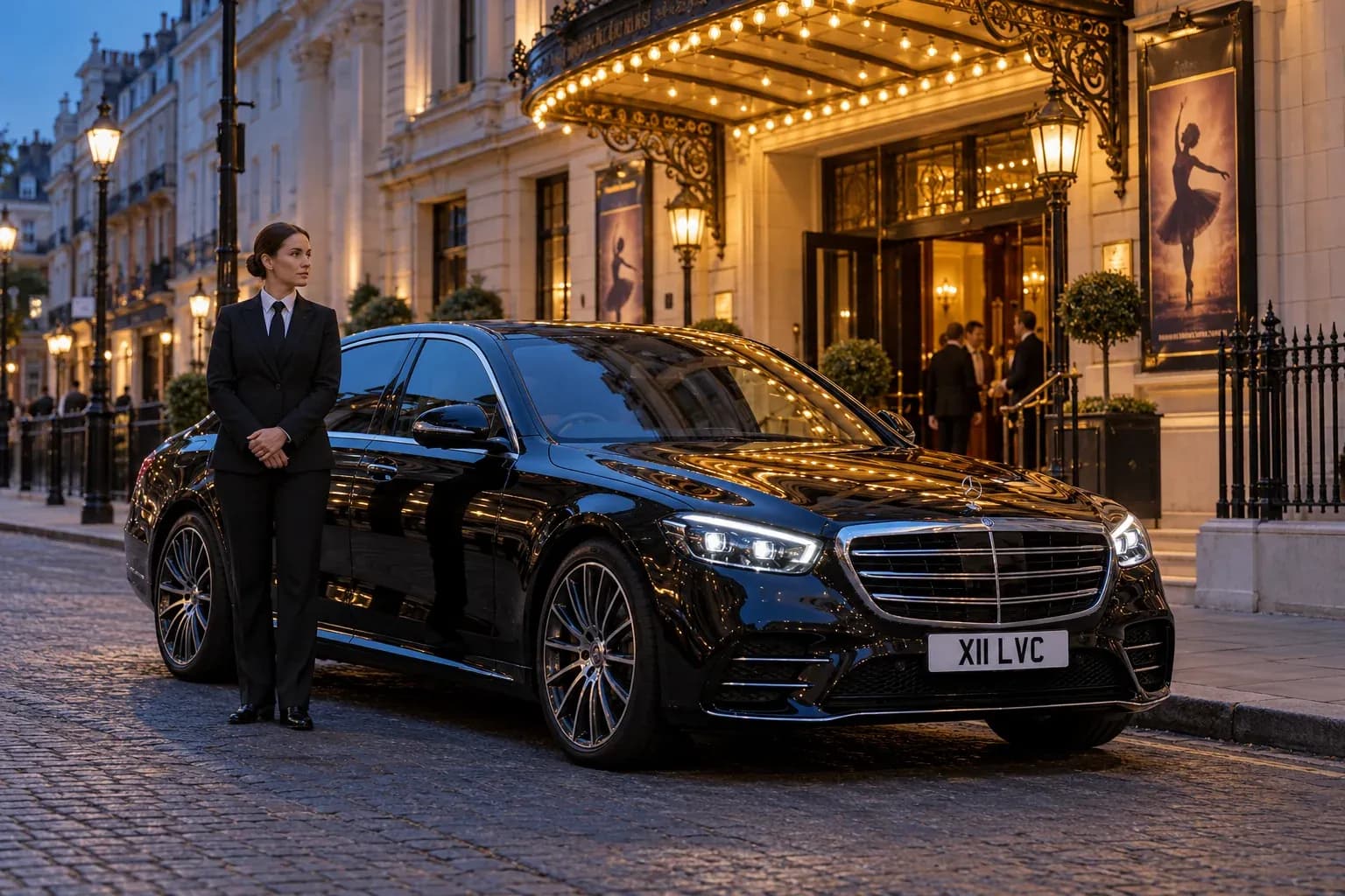 Female chauffeur waiting beside a Mercedes-Benz S-Class during a West End performance.