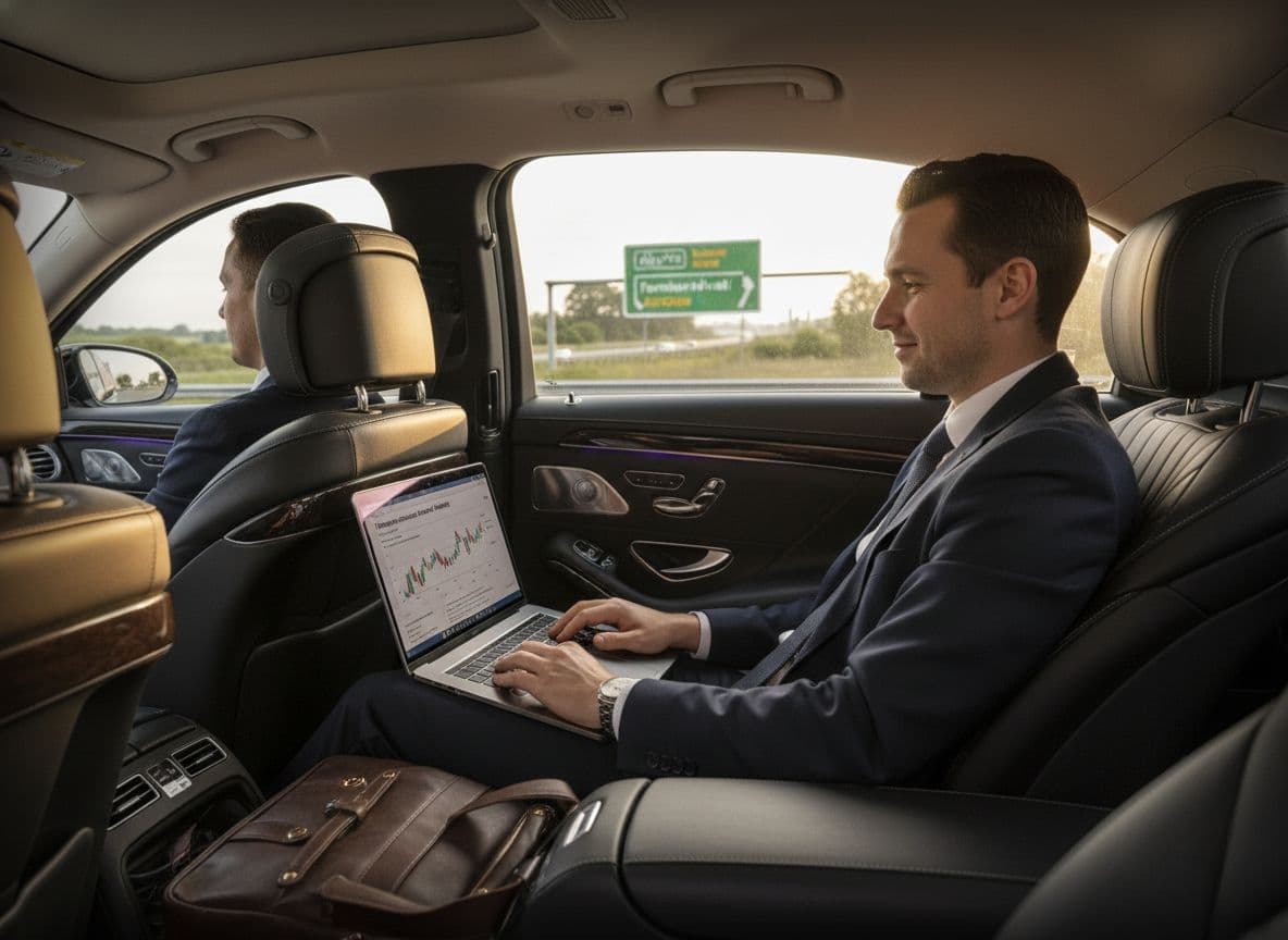 Business passenger inside luxury chauffeur car traveling to Farnborough Airshow with laptop and private executive comfort