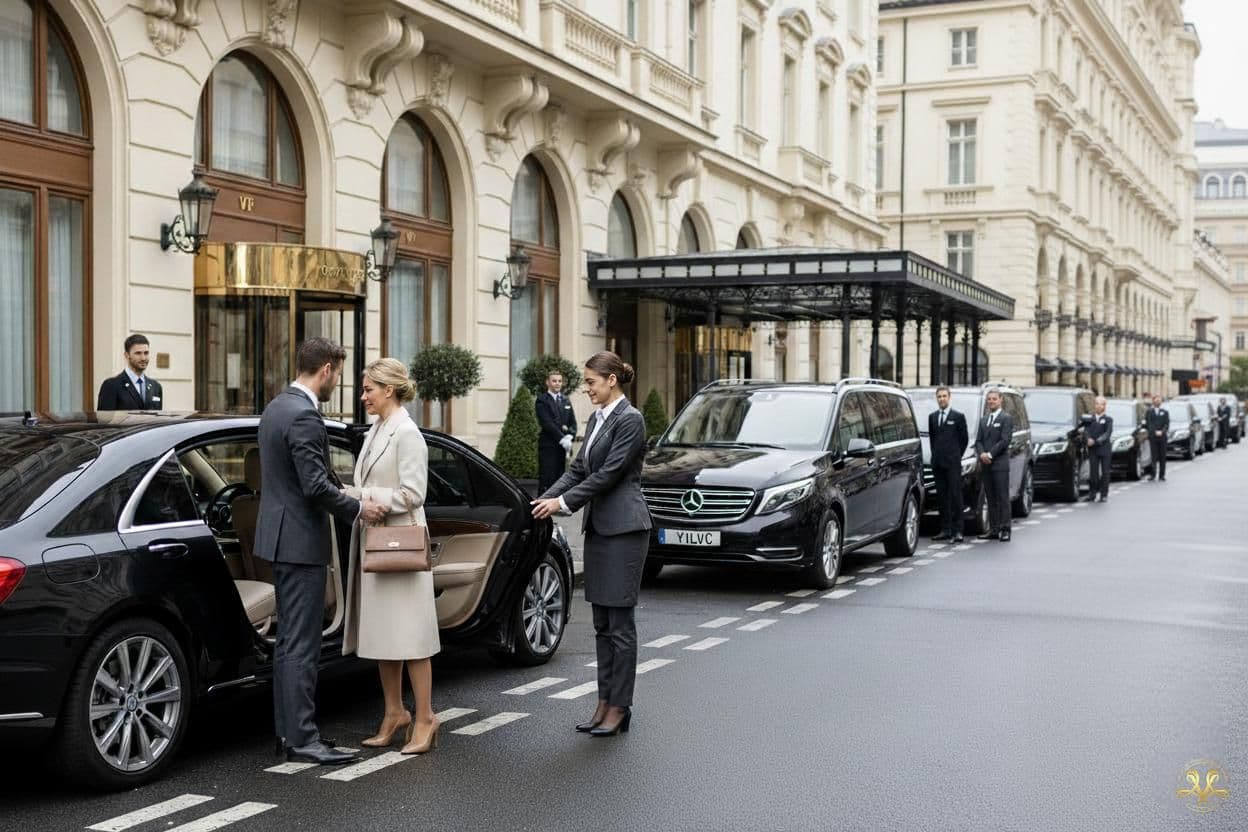 Luxury fleet of VIP cars with professional drivers and security team collecting clients at a London hotel