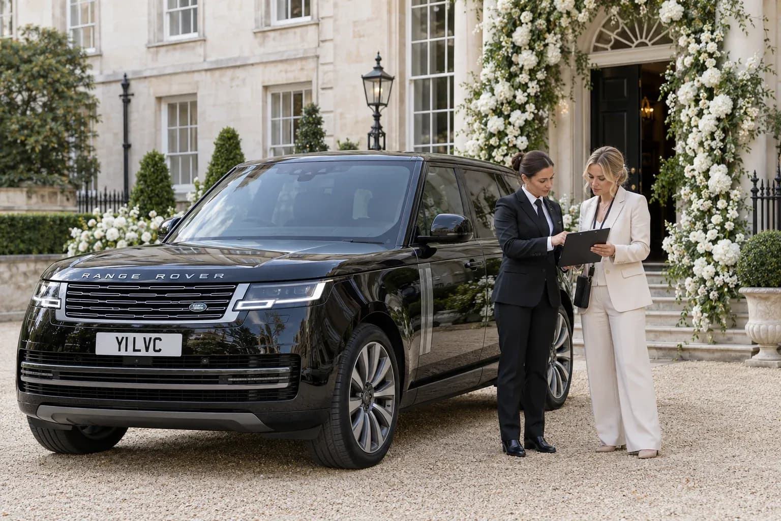 Female chauffeur coordinating wedding timings with a planner beside a Range Rover.
