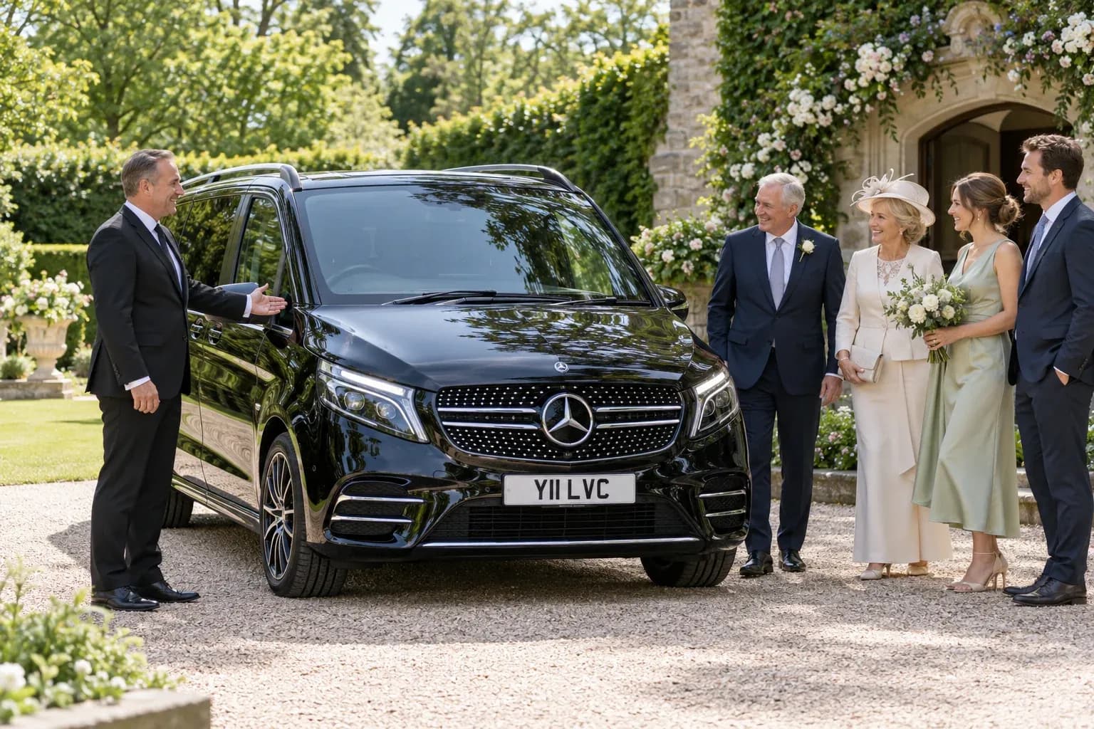 Chauffeur welcoming wedding guests beside a Mercedes-Benz V-Class at a garden venue.