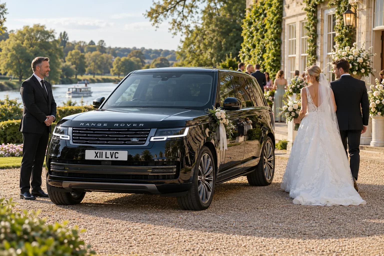 Chauffeur waiting beside a Range Rover as newlyweds leave a riverside reception.