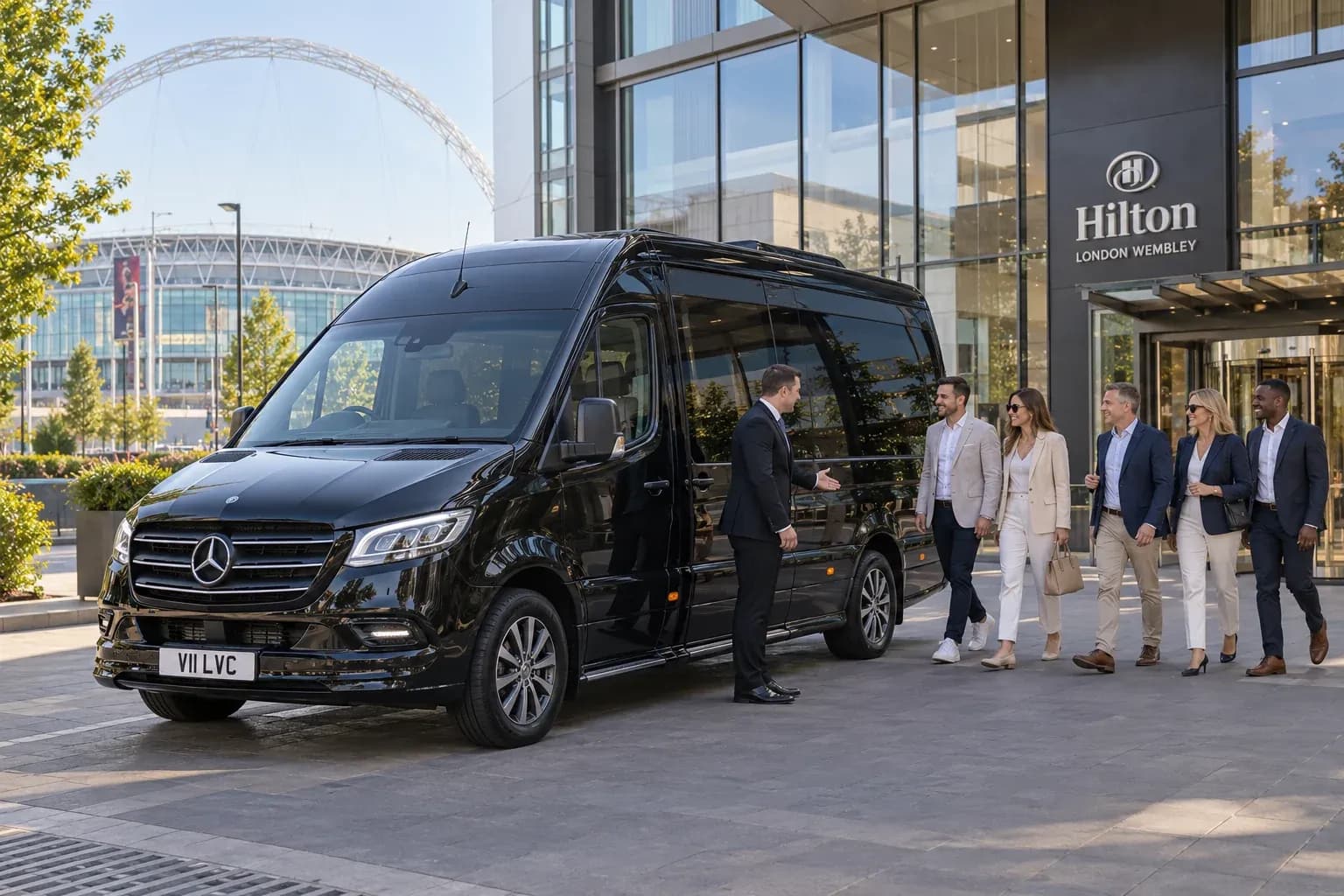 Chauffeur welcoming hospitality guests beside an executive Sprinter near Wembley.