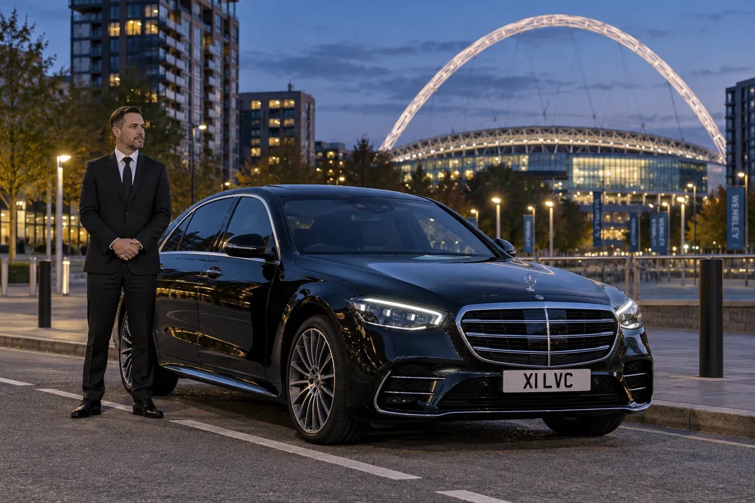 Chauffeur waiting beside a Mercedes-Benz S-Class with Wembley arch illuminated behind.