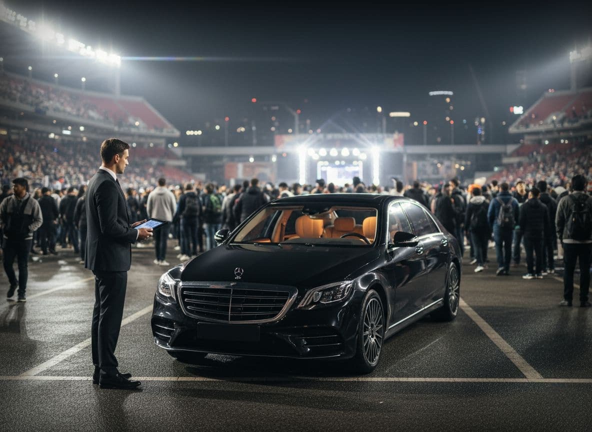 A luxury chauffeur on dedicated standby at Wembley Stadium during a night event, prepared for a private passenger collection.
