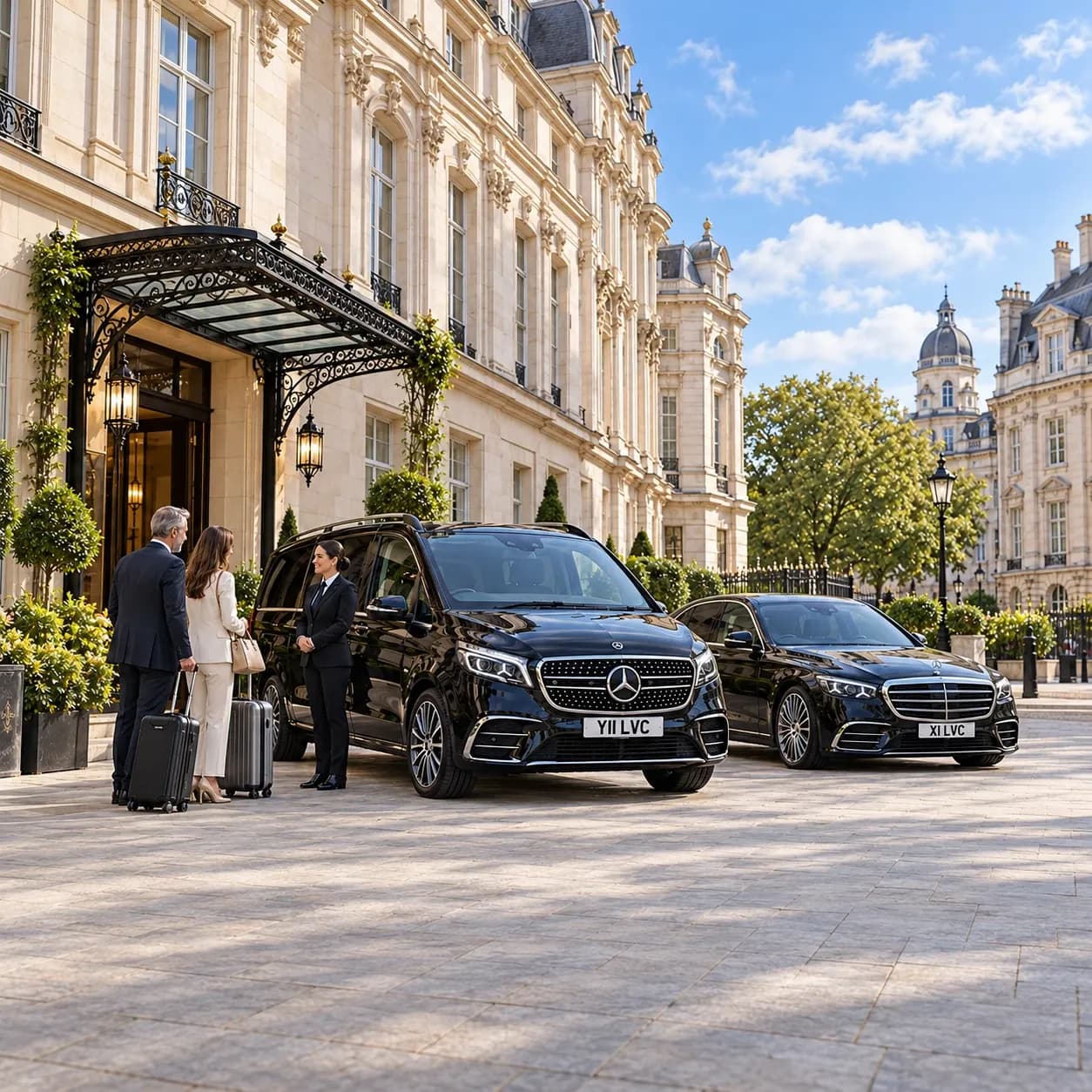 Guests and a female chauffeur beside black Mercedes-Benz V-Class and S-Class vehicles outside a Westminster hotel.