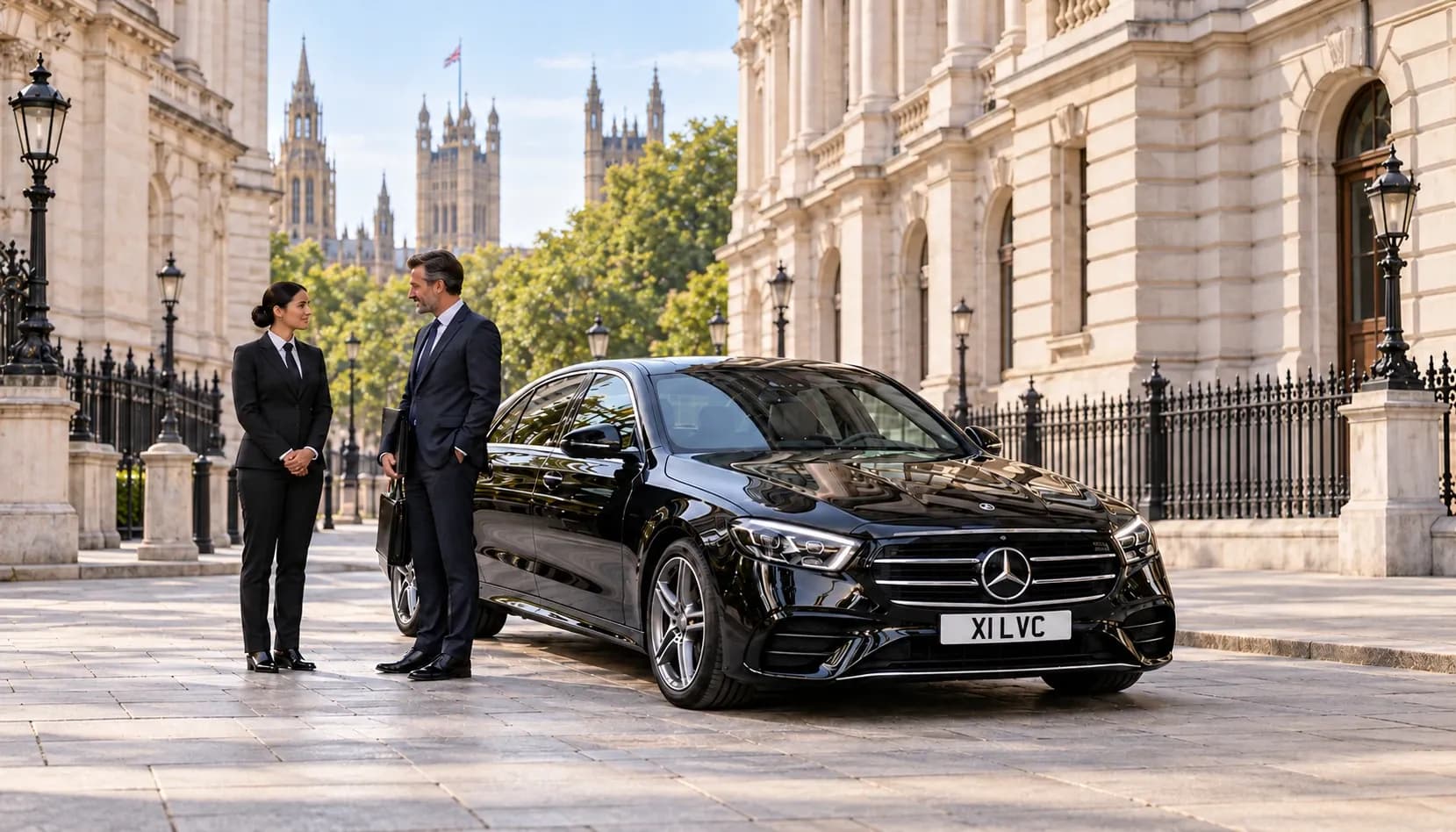Female chauffeur and business traveller beside a black Mercedes-Benz E-Class in Westminster.