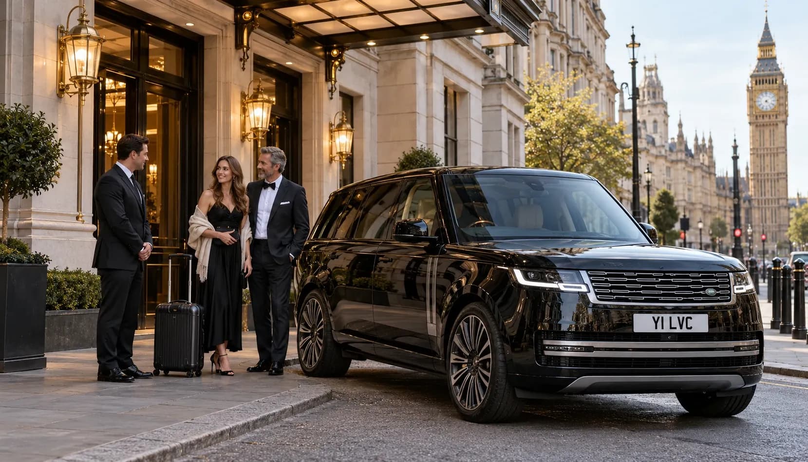 Chauffeur and guests beside a black Range Rover at a Westminster hotel entrance.