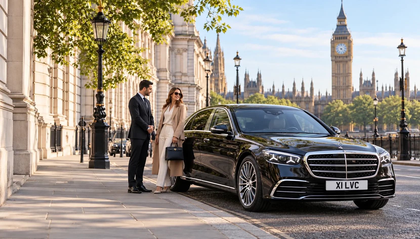 Chauffeur and guest beside a black Mercedes-Benz S-Class with Westminster landmarks in the background.