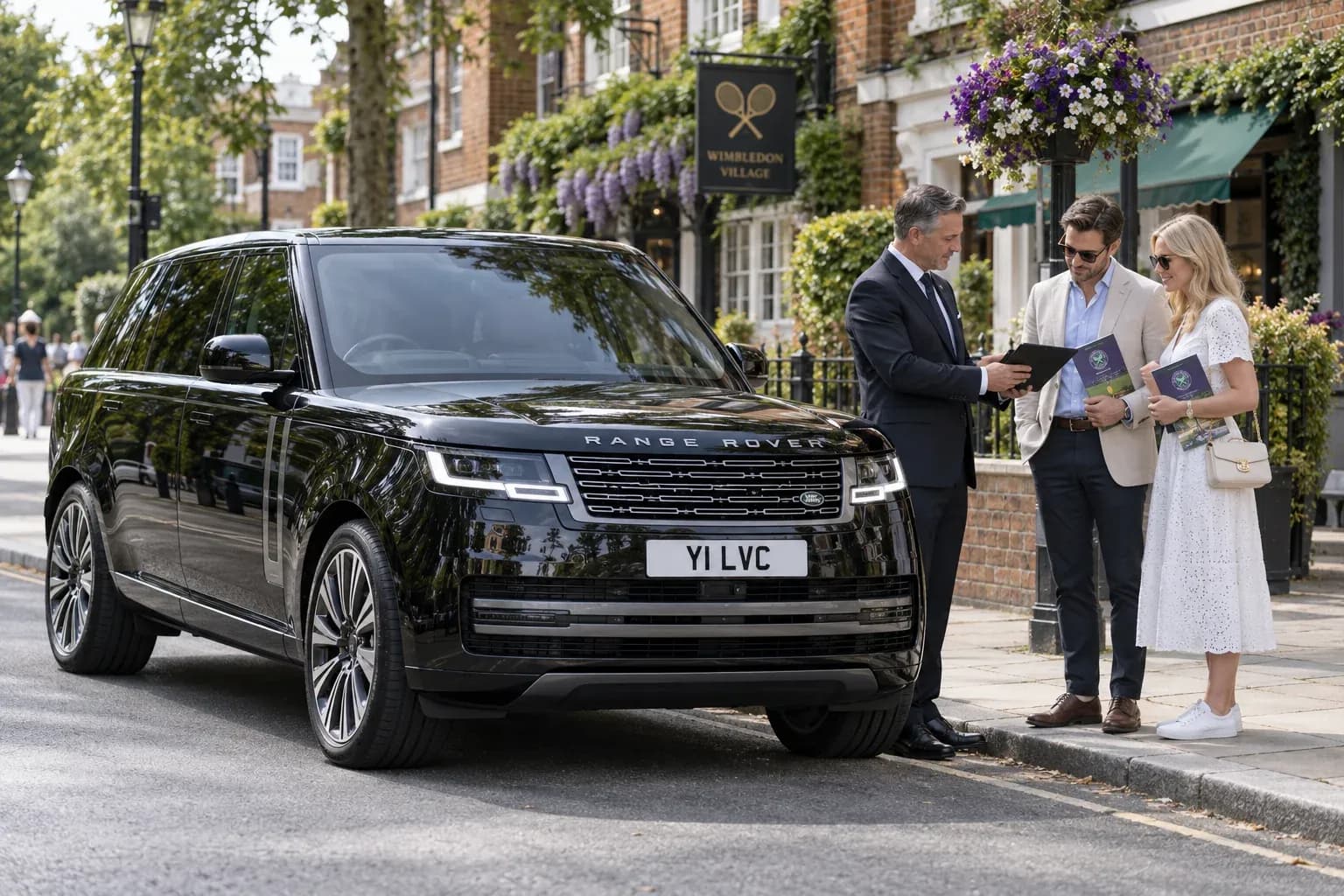 Chauffeur planning a Wimbledon village collection with guests beside a Range Rover.