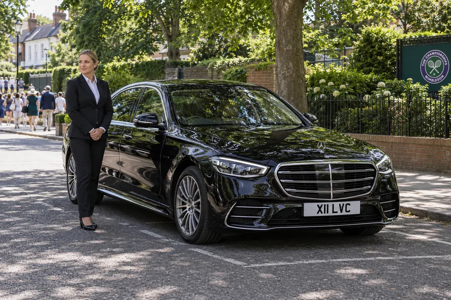 Female chauffeur waiting beside a Mercedes-Benz S-Class in a leafy Wimbledon street.